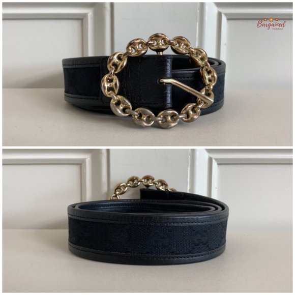 Authentic Gucci Black Monogram Canvas Leather Gold Chain Buckle Belt Size 85/34 - Picture 3 of 13